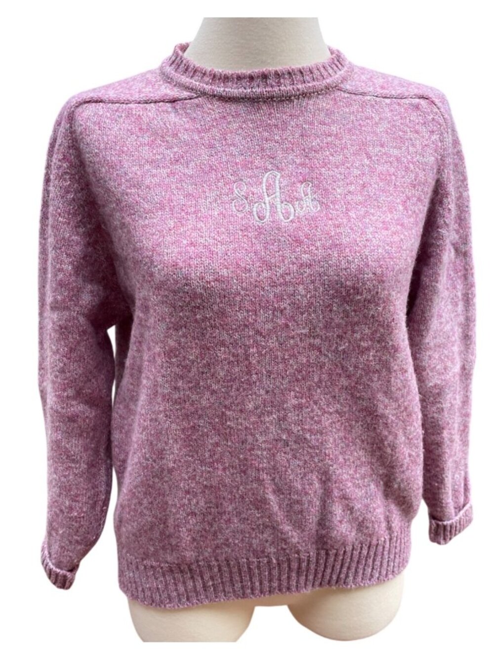 Vintage Lands End Shetland Pink Wool Sweater Womens Small Ribbed Trim Made UK
